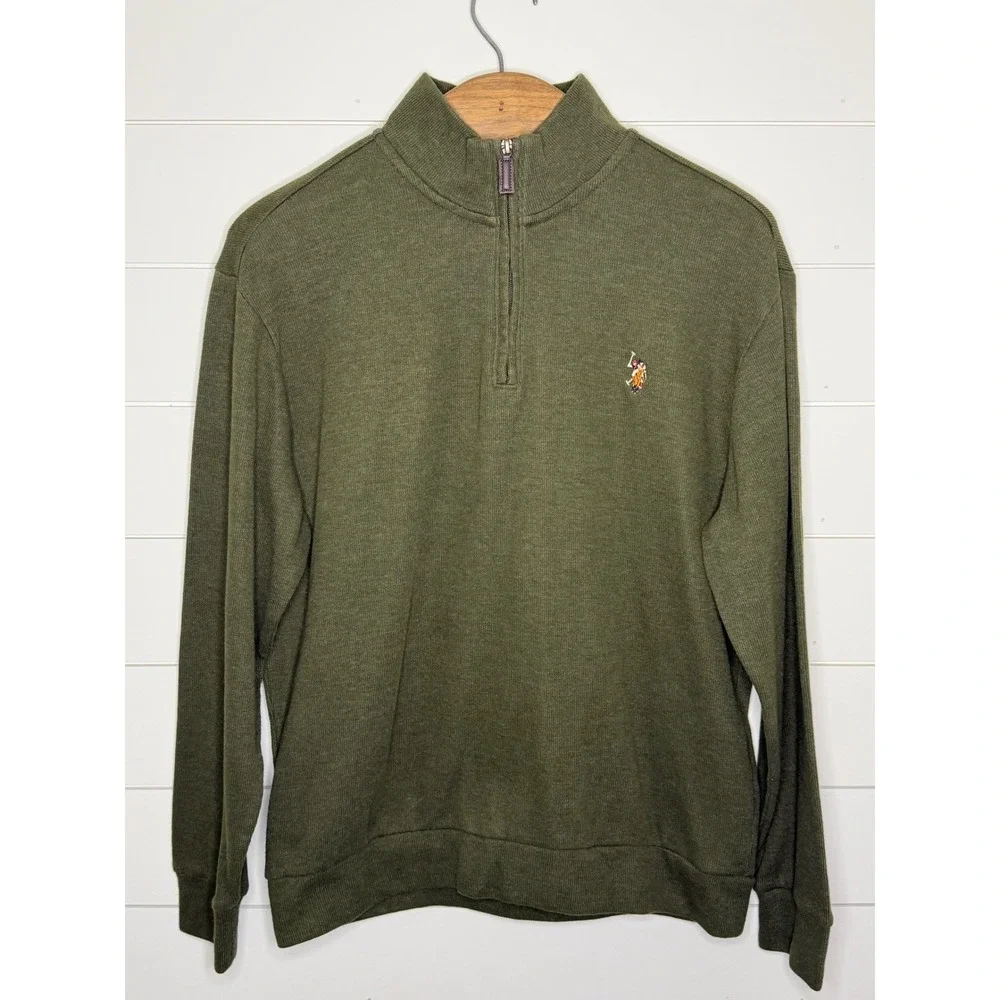 US Polo Assn Mens Large Olive Green Heather Quarter Zip Pullover Sweater Logo